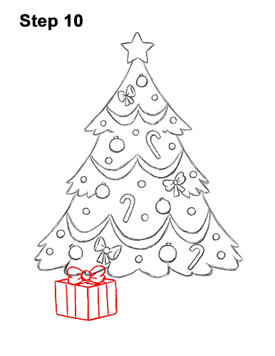 How to Draw Cartoon Christmas Tree with Presents 10